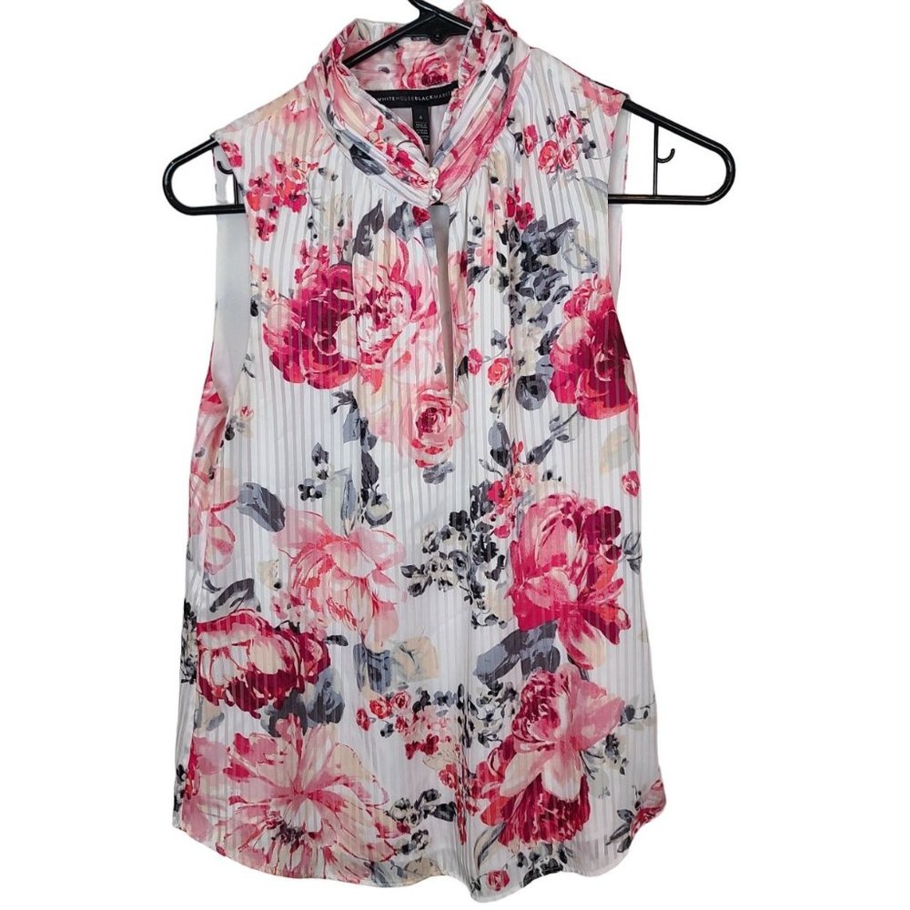 White House Black Market Sleeveless Floral Tie-Neck Blouse in White and Pink
